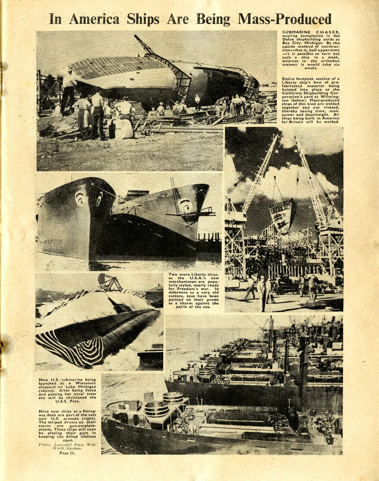 A page of The War Illustrated showing several photos of American ships under construction and nearing completion.